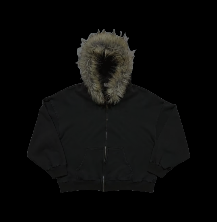 Black Fur Zip Up Hoodie